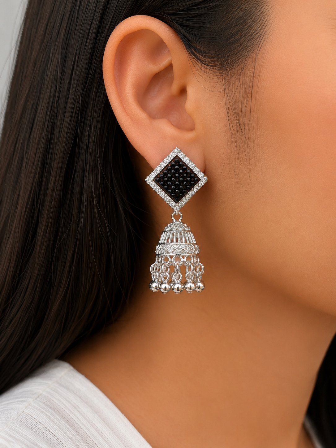 Juhika Black Stone Silver Jhumka Earrings for Women | Elegant Statement Earrings