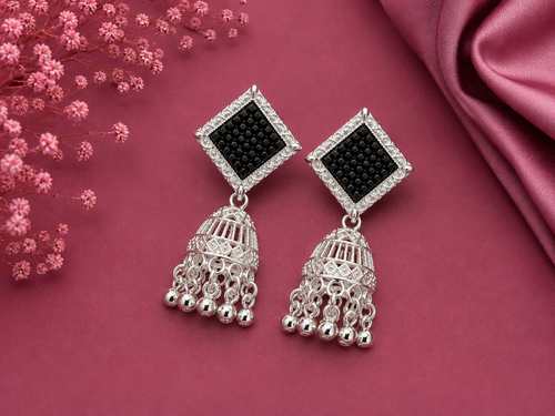 Juhika Black Stone Silver Jhumka Earrings for Women | Elegant Statement Earrings