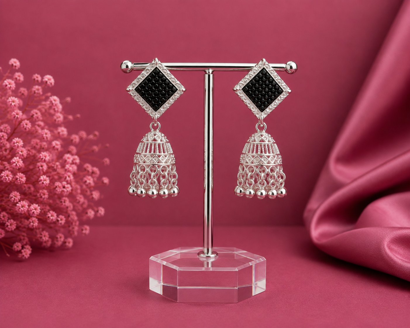 Juhika Black Stone Silver Jhumka Earrings for Women | Elegant Statement Earrings