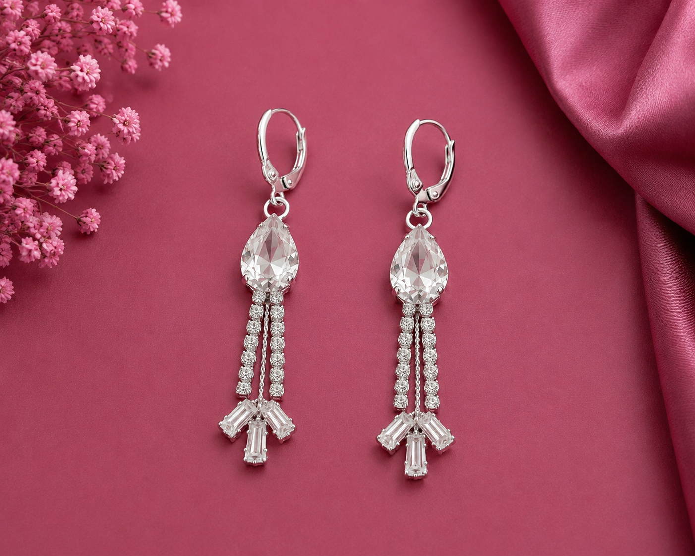 Juhika Silver Crystal Teardrop Dangle Earrings with Rhinestone Tassels for Women