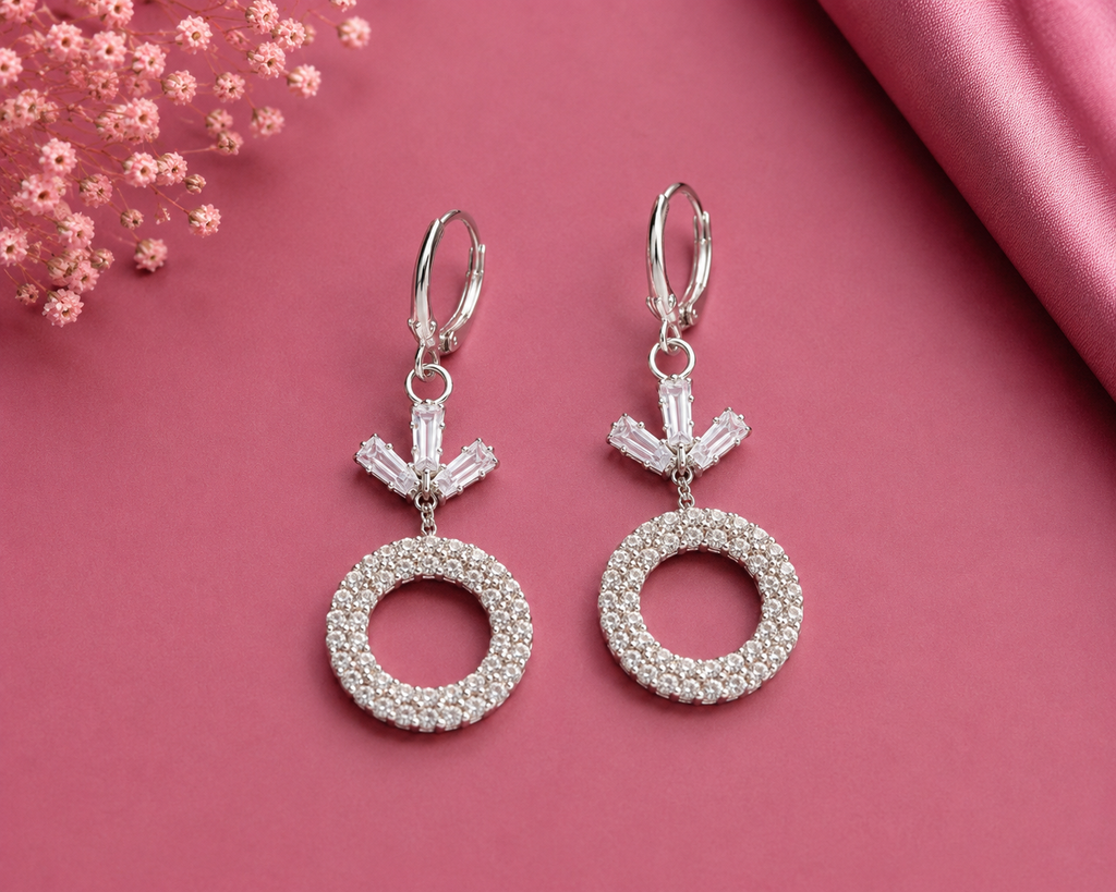 Juhika Silver CZ Crystal Circle Drop Earrings with Butterfly Accent