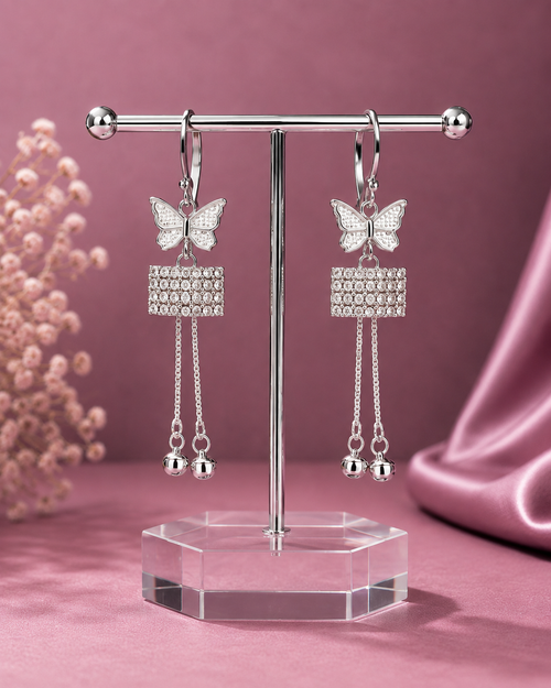 Juhika Silver Butterfly Square Crystal Chain Drop Earrings for Women
