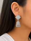 Juhika Silver Square Stud Jhumka Earrings with Pearl Bead Drops for Women