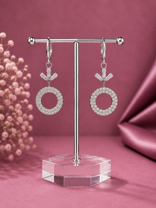 Juhika Silver CZ Crystal Circle Drop Earrings with Butterfly Accent