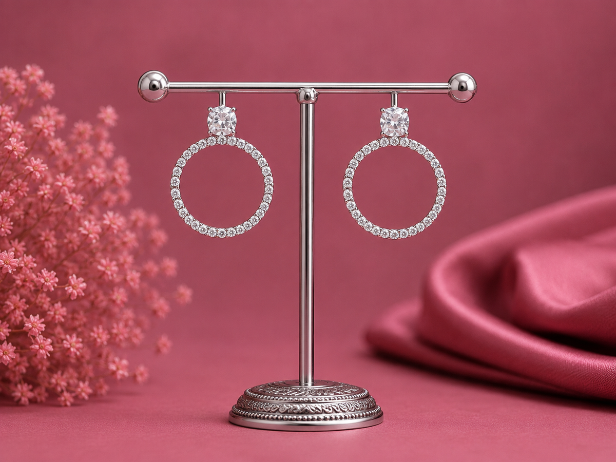 Juhika Silver Crystal Hoop Earrings for Women | Elegant Round Drop Earrings | Statement Jewelry