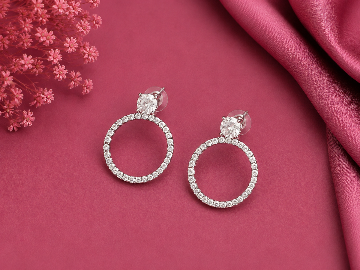 Juhika Silver Crystal Hoop Earrings for Women | Elegant Round Drop Earrings | Statement Jewelry