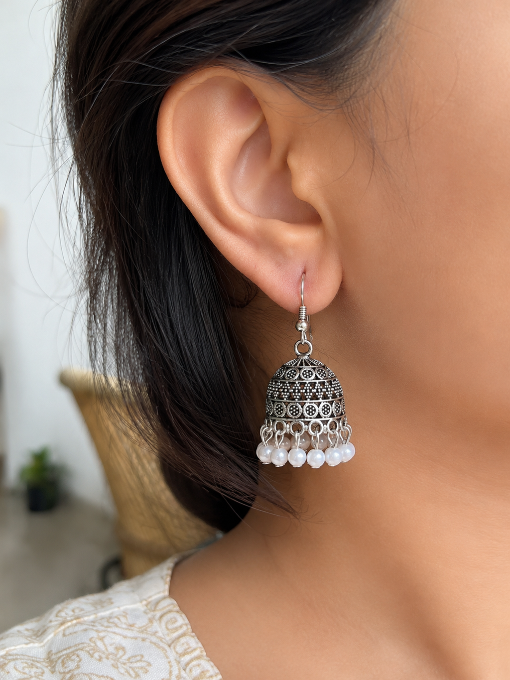 Juhika Oxidized Silver Jhumka Earrings with Pearl Drops for Women | Traditional Statement Earrings