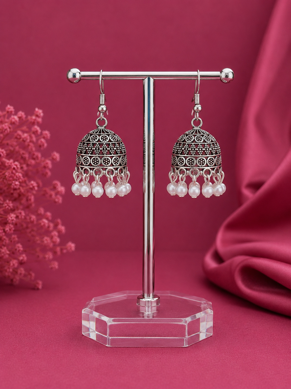 Juhika Oxidized Silver Jhumka Earrings with Pearl Drops for Women | Traditional Statement Earrings