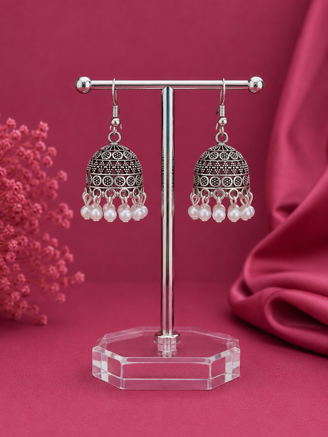 Juhika Oxidized Silver Jhumka Earrings with Pearl Drops for Women | Traditional Statement Earrings