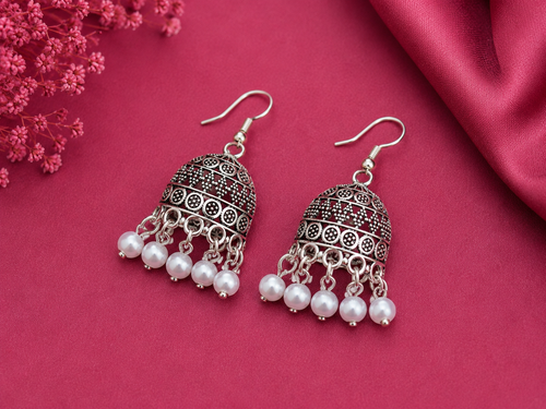 Juhika Oxidized Silver Jhumka Earrings with Pearl Drops for Women | Traditional Statement Earrings